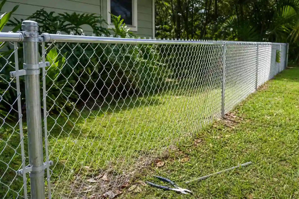 Chain link fence with re-tensioned mesh and straight top rail after repair in Jacksonville