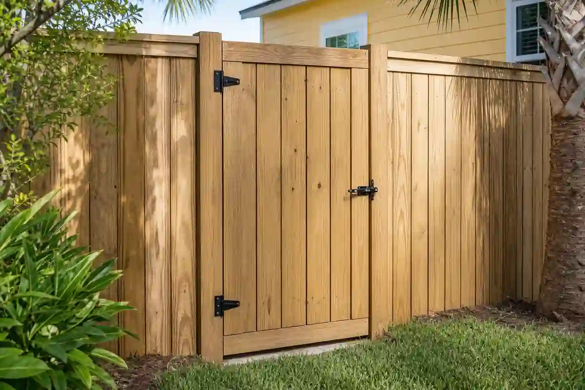 Wood fence gate with new black hinges and latch hanging straight after a gate repair