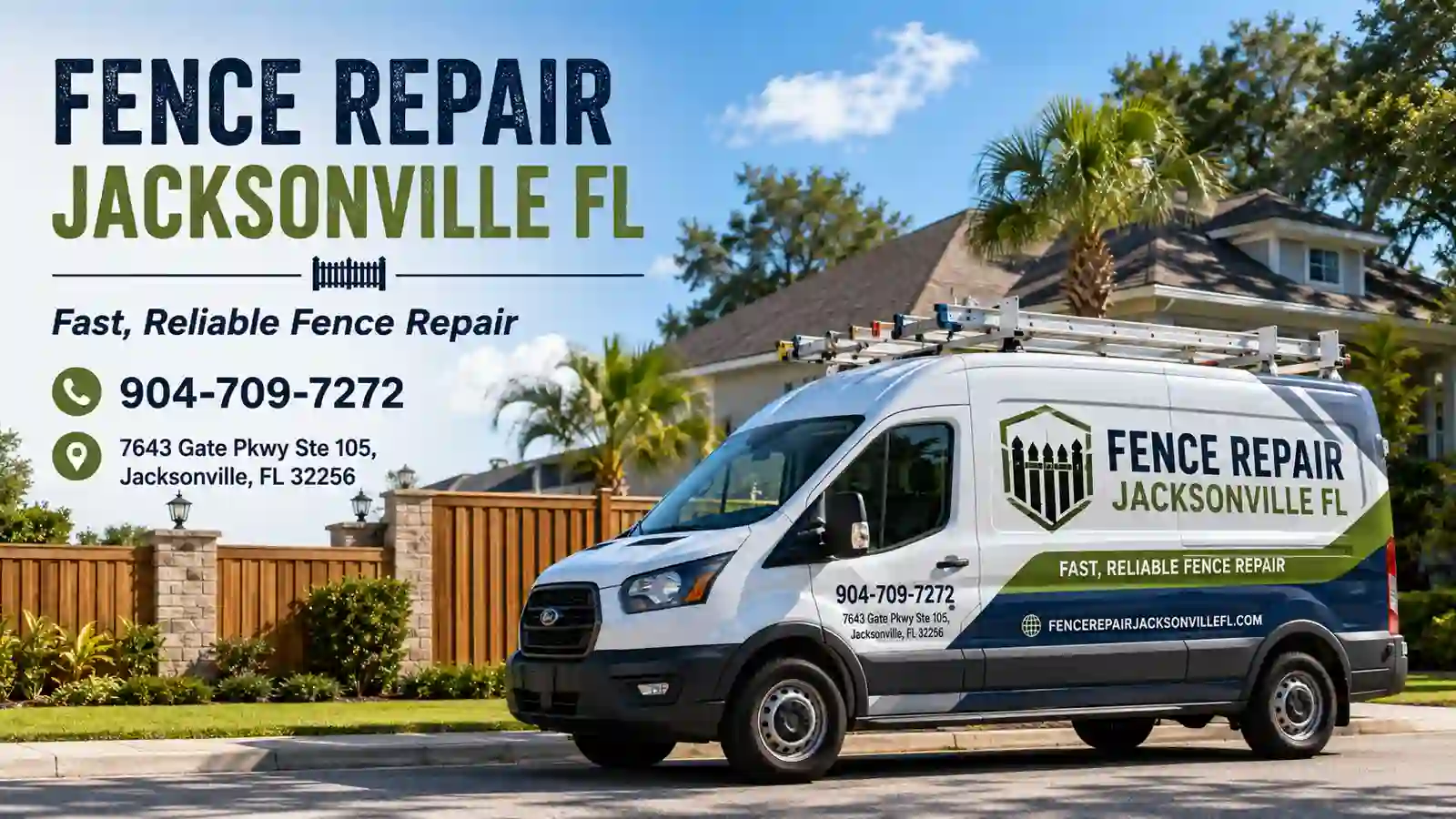 Fence Repair Jacksonville Fl service van parked in front of a Jacksonville home with a wood fence