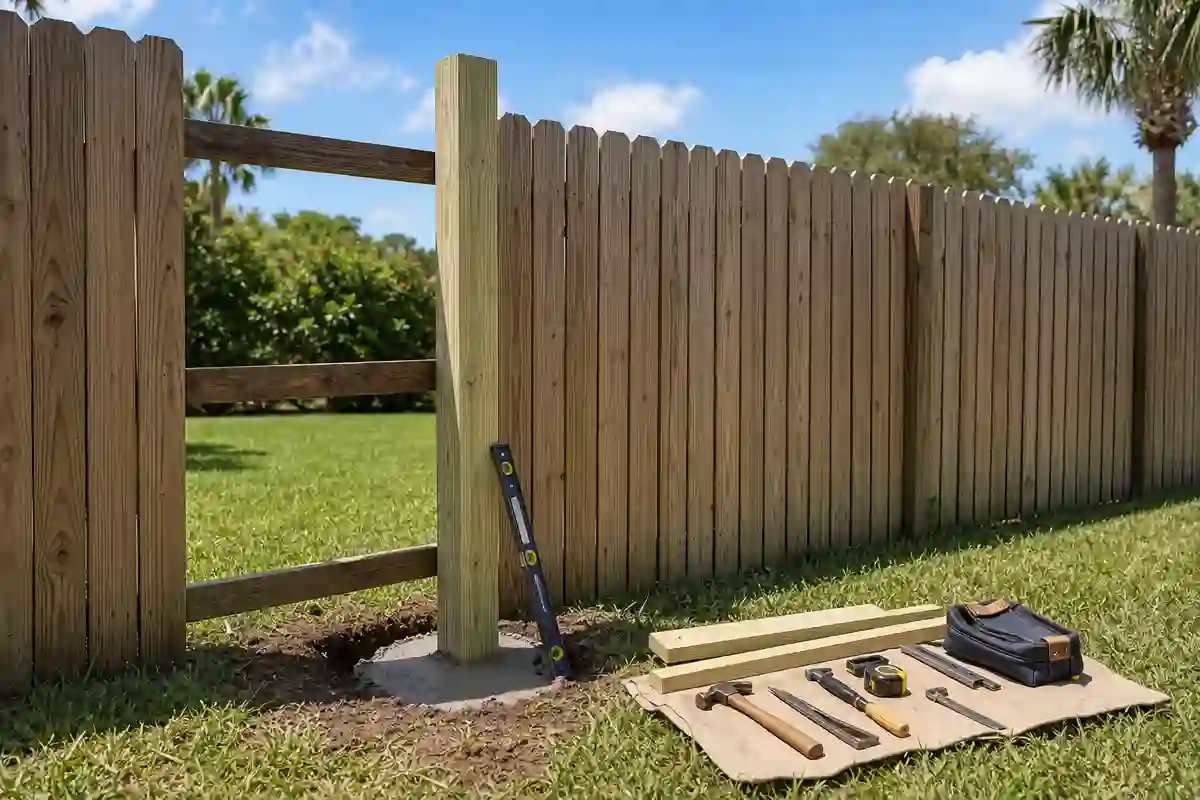Wood fence post being reset in fresh concrete with hand tools ready for a fence repair in Jacksonville