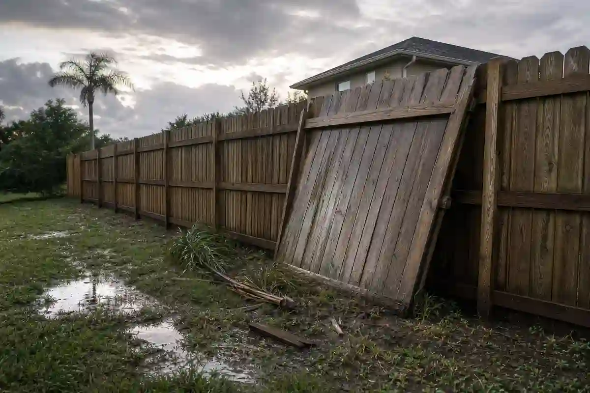 Wood fence section leaning after storm damage on a wet Jacksonville area lawn