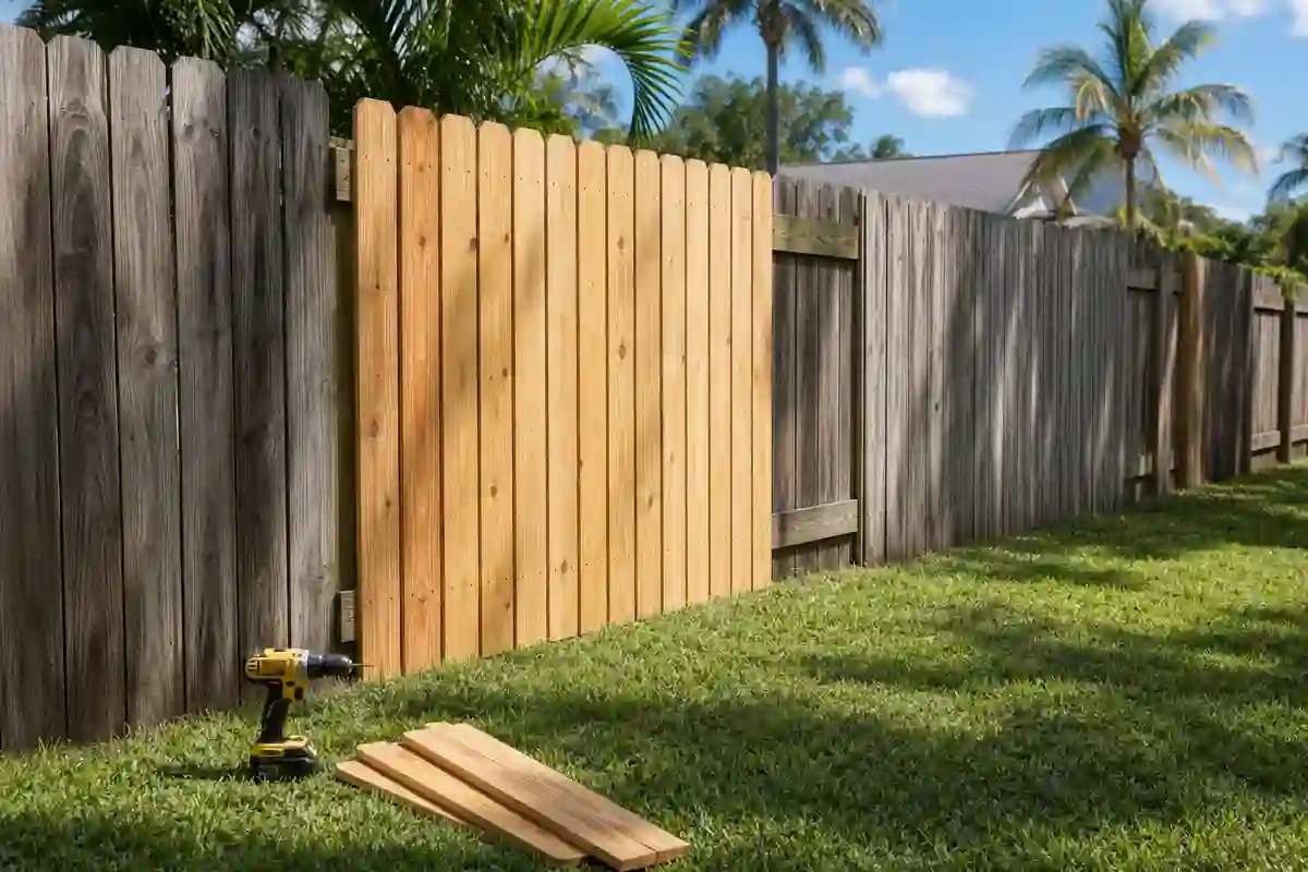 New cedar pickets replacing a weathered section of a wood privacy fence in a Jacksonville backyard